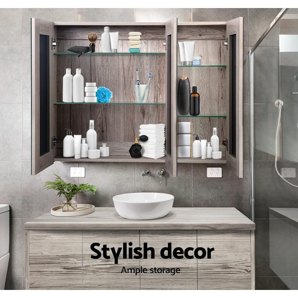 Cefito Bathroom Mirror Cabinet with three full-height mirrors and natural finish, showcasing adjustable glass shelves and soft-closing hinges.